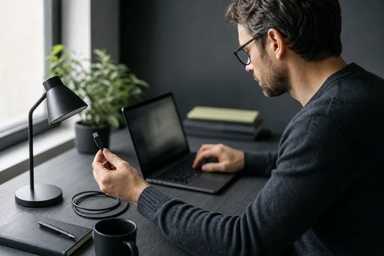 Редактор за ноутбуком рядом с настольной лампой и USB-C кабелем: иллюстрация к переписыванию описания продукта в AI-GROK.CHAT.